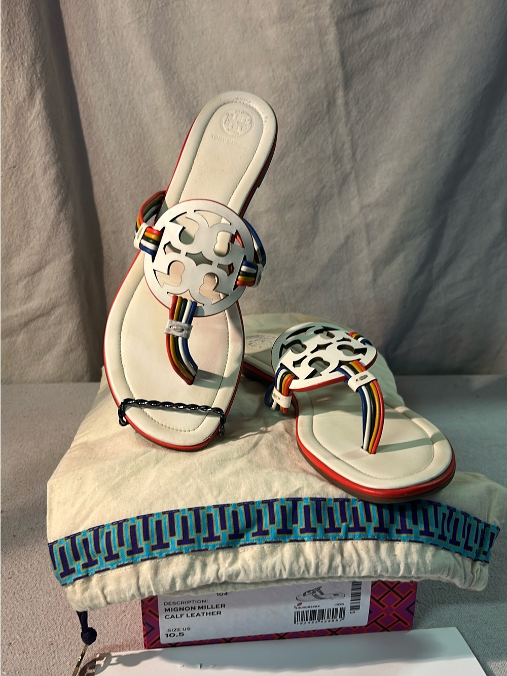 Tory Burch White Miller Sandals with Rainbow Straps